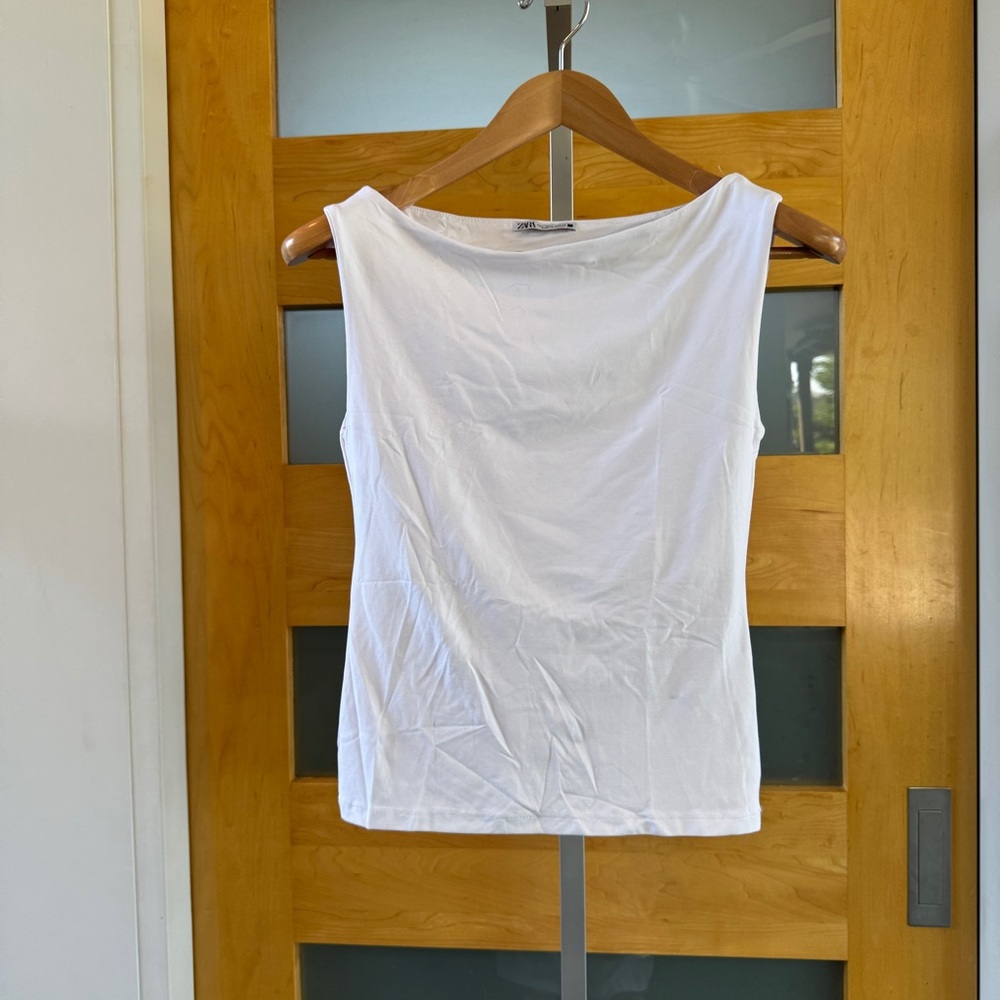 Zara White Sleeveless Boatneck Tank Top